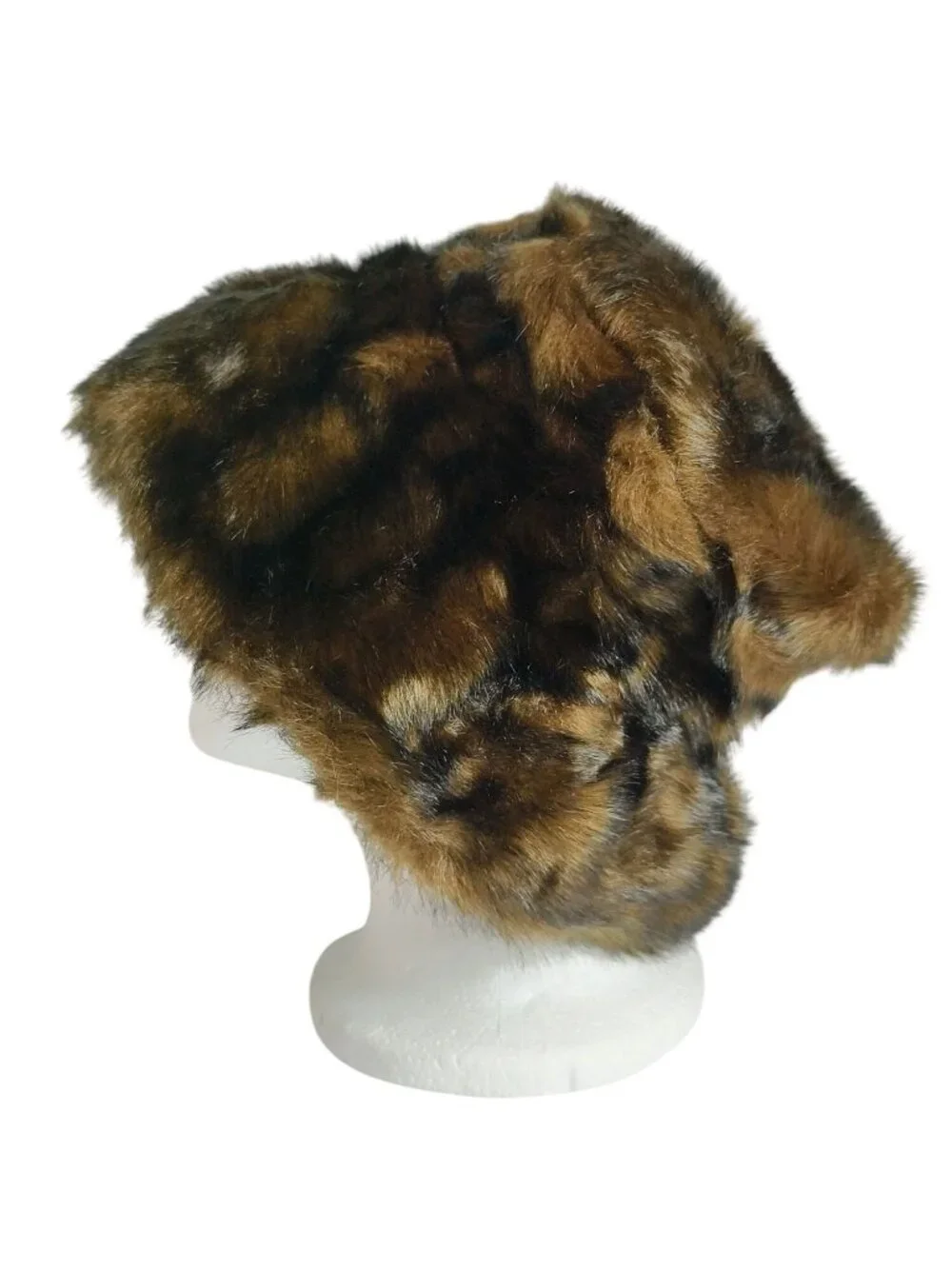Vtg Preston & York Faux Fur Cloche Bucket Hat Plush Leopard Winter Cozy Cossack